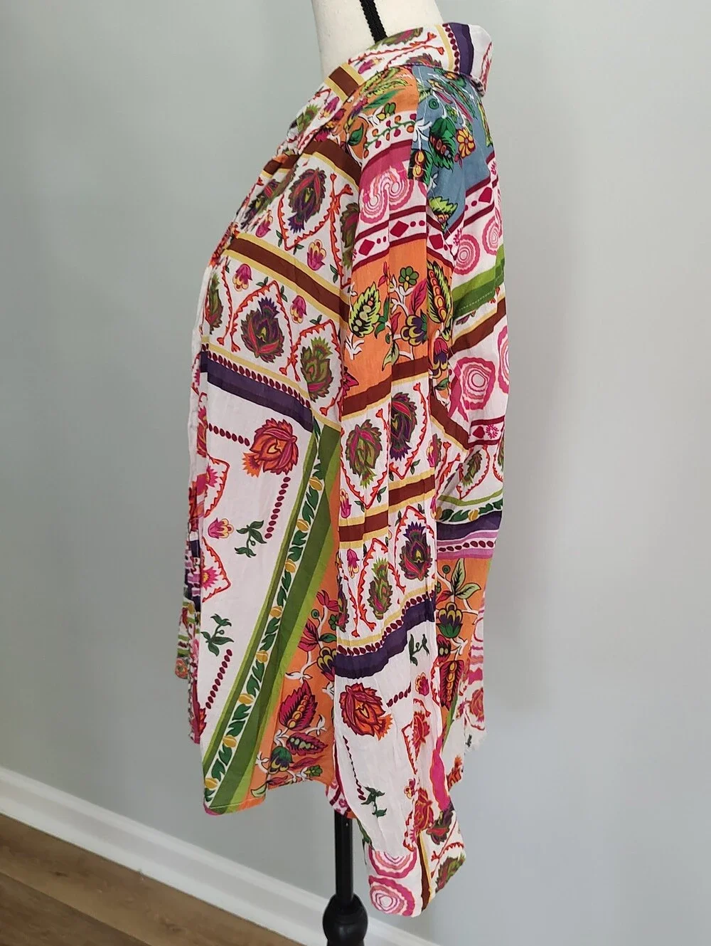 Calypso St. Barth Patchwork Style Festive Floral Red Button Down Shirt 2X